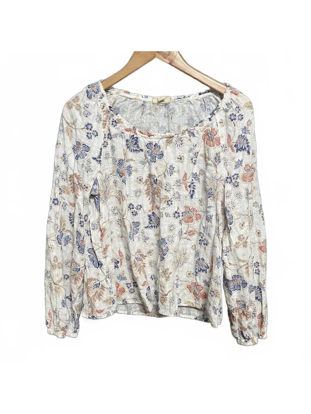Cottagecore Boho Floral Peasant Blouse Long Sleeve Cotton Cream Flowy Top Size L